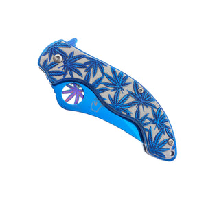 Falcon Spring Assisted Knife w/ Blue ABS Marijuana Design featuring a sleek blue handle with leaf patterns