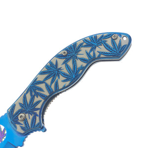Falcon Spring Assisted Knife w/ Blue ABS Marijuana Design featuring a detailed leaf pattern on the handle