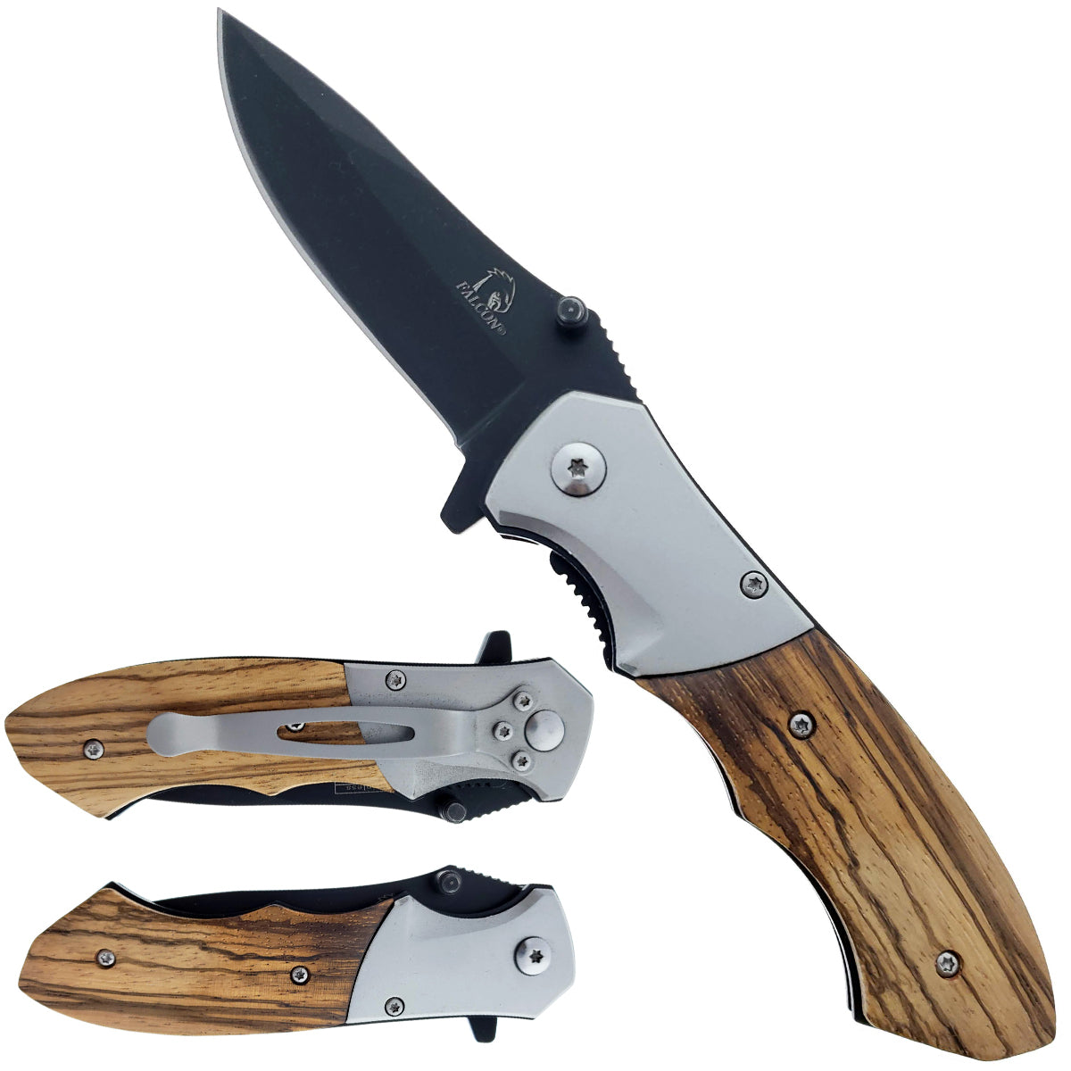 Falcon Spring Assisted Knife with Wood Handle featuring a sleek design and sturdy blade for outdoor use