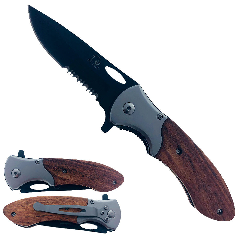 Falcon Spring Assisted Knife with a sleek black blade and wooden handle for outdoor tasks