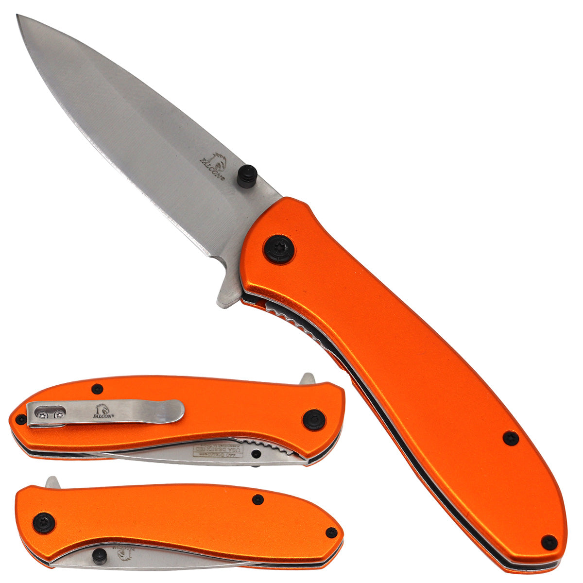 Falcon Spring Assisted Pocket Knife - Orange Handle Pocket Knife with stainless steel blade and durable design
