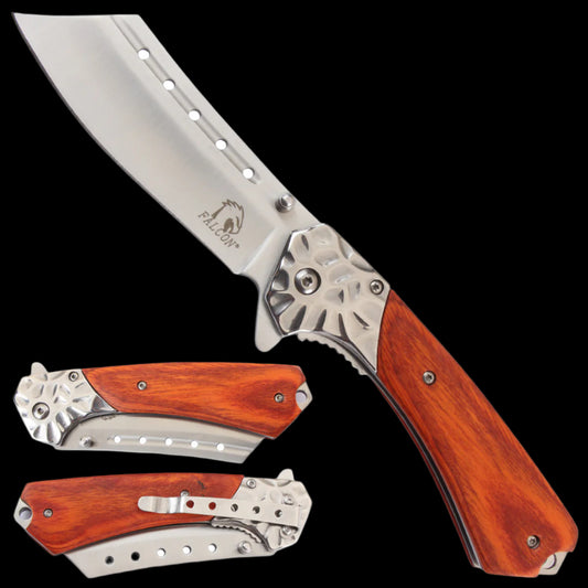 Falcon Spring Assisted Pocket Knife Steel Blade with Wooden Handle and Sleek Design