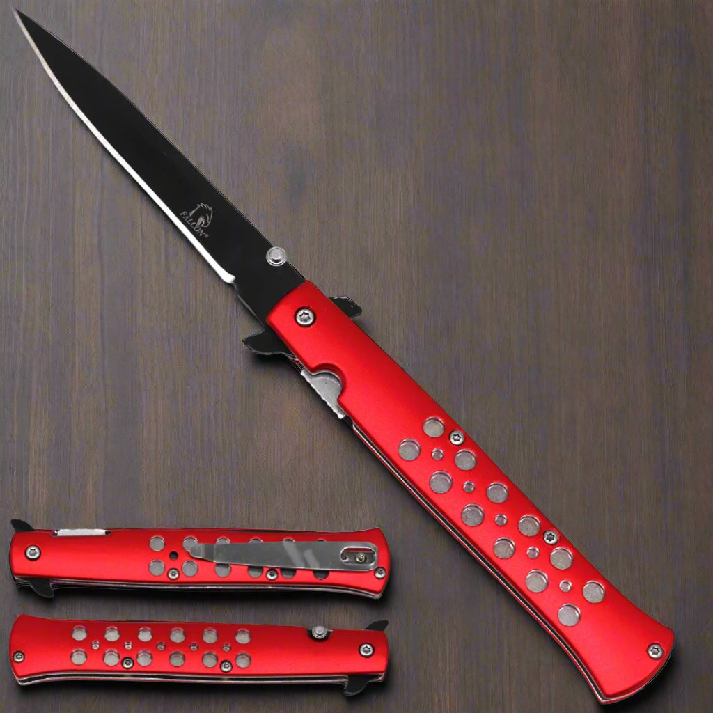 Falcon Stiletto Spring Assisted Pocket Knife with Red Handle and Black Blade - EDC Knives for Sale