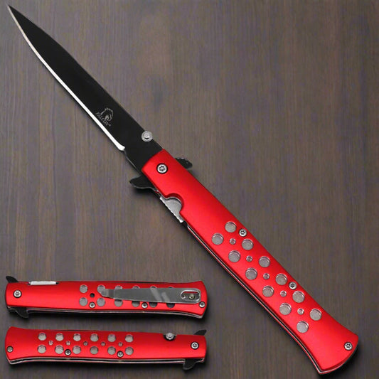 Falcon Stiletto Spring Assisted Pocket Knife with Red Handle and Black Blade - EDC Knives for Sale