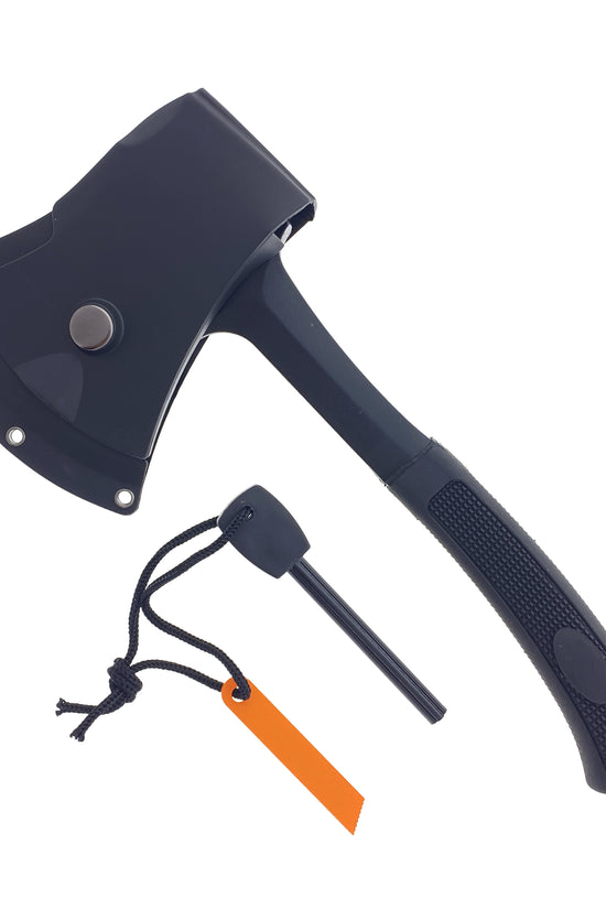 Falcon Survival Axe with Firestarter featuring a durable black blade and comfortable grip handle