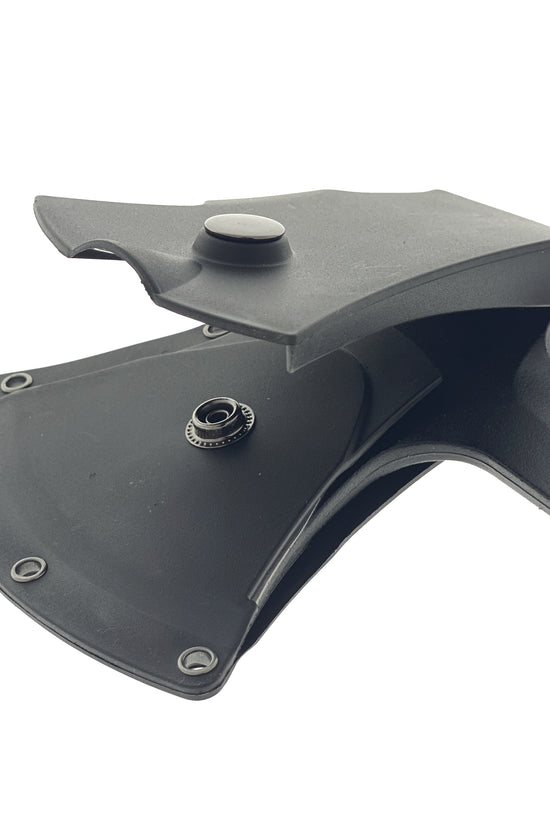 Close-up of Falcon Survival Axe With Hard Cover and Firestarter showing durable blade and protective sheath