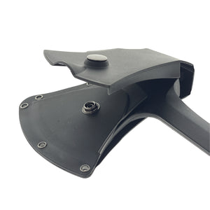 Close-up of Falcon Survival Axe With Hard Cover and Firestarter showing durable blade and protective sheath