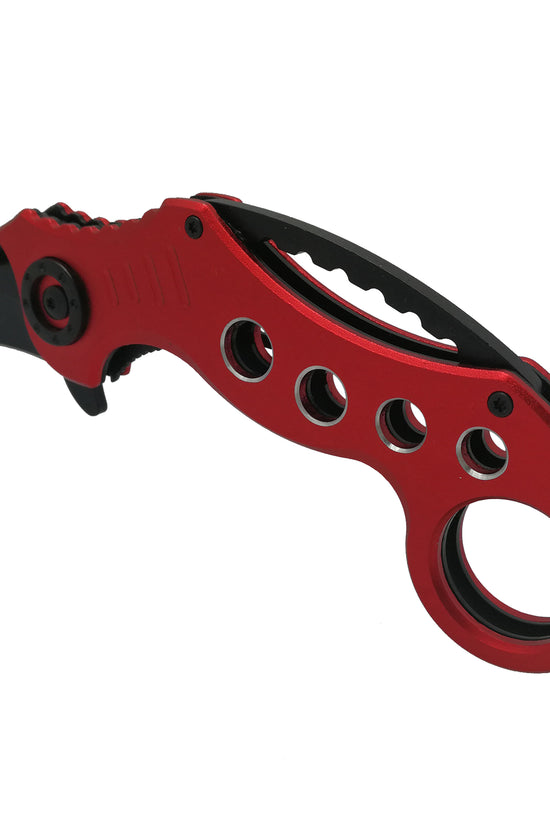 Falcon EDC red karambit pocket knife spring assisted with red aluminum handle black hawkbill blade and finger ring