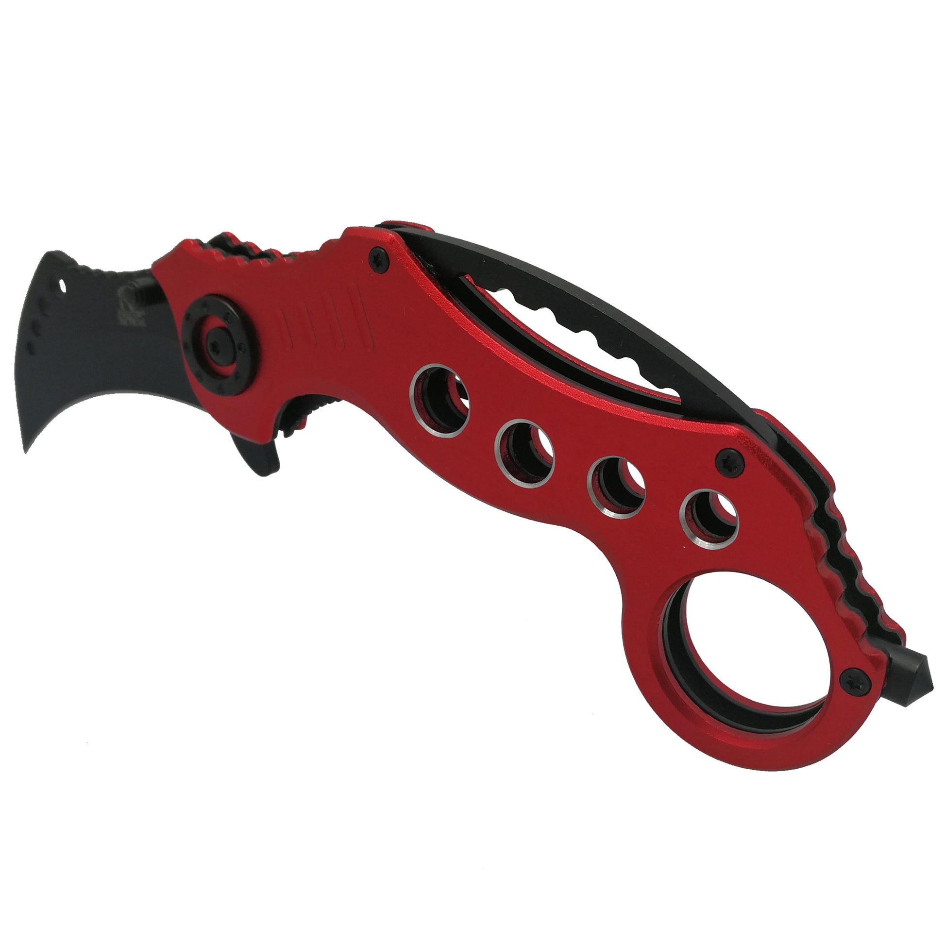 Falcon EDC red karambit pocket knife spring assisted with red aluminum handle black hawkbill blade and finger ring