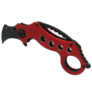 Falcon EDC red karambit pocket knife spring assisted with red aluminum handle black hawkbill blade and finger ring