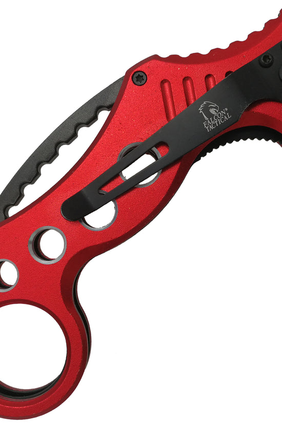 Falcon spring assisted EDC red karambit pocket knife with anodized red handle finger ring and black pocket clip