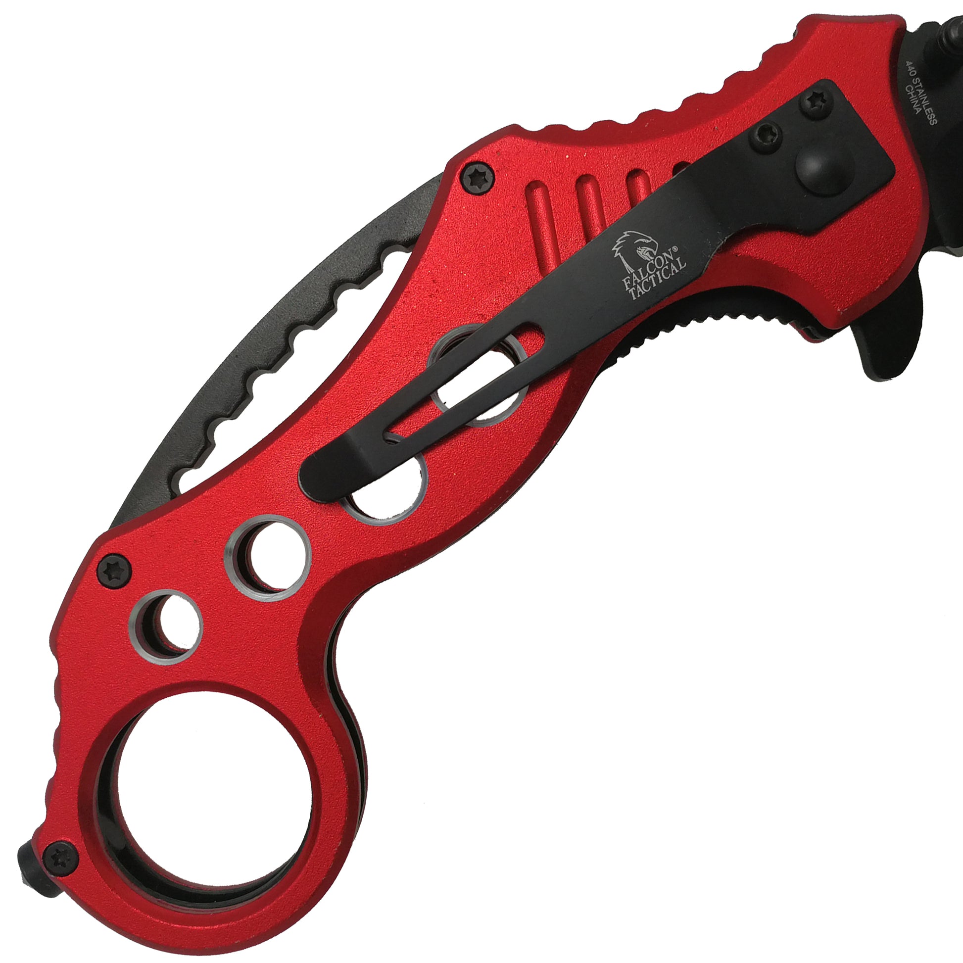 Falcon spring assisted EDC red karambit pocket knife with anodized red handle finger ring and black pocket clip