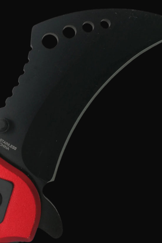 Falcon EDC red karambit pocket knife with black curved blade and red aluminum handle spring assisted