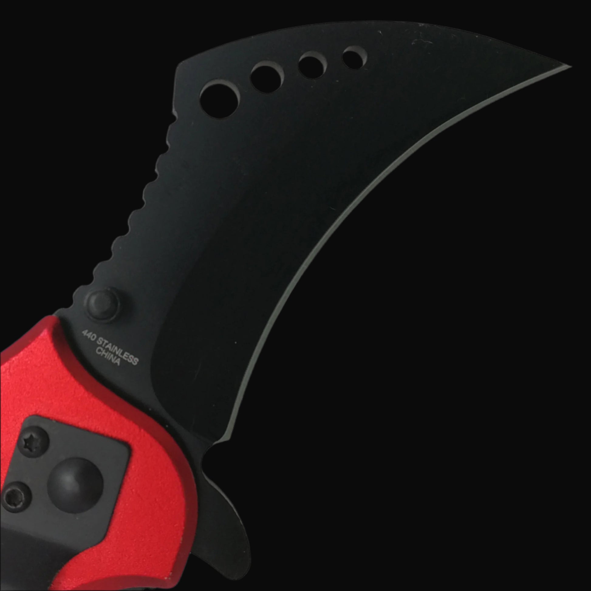 Falcon EDC red karambit pocket knife with black curved blade and red aluminum handle spring assisted