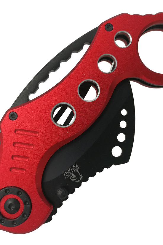 Falcon spring assisted EDC red karambit pocket knife with finger ring and partially serrated blade