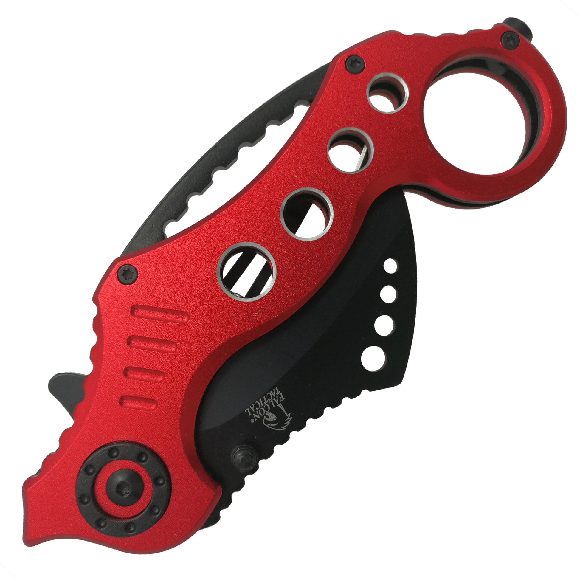Falcon spring assisted EDC red karambit pocket knife with finger ring and partially serrated blade