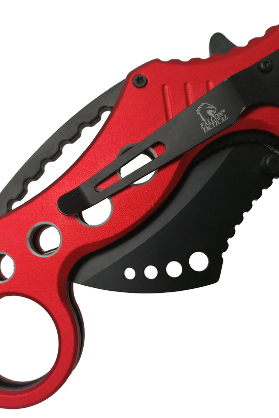 Falcon spring assisted EDC red karambit pocket knife with black coated blade ergonomic pocket clip