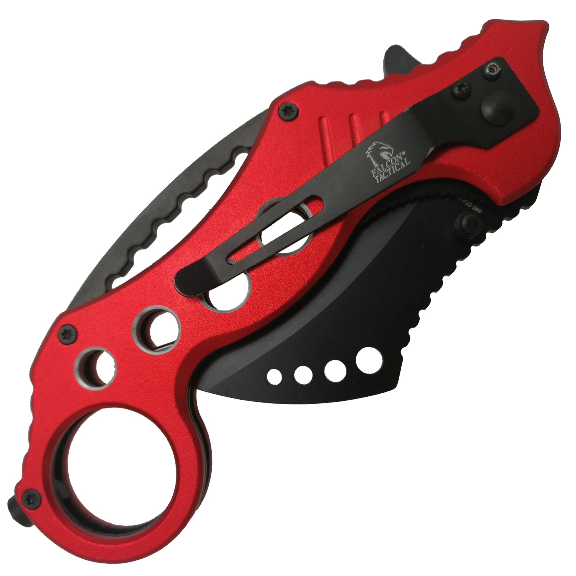 Falcon spring assisted EDC red karambit pocket knife with black coated blade ergonomic pocket clip
