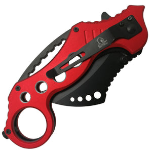 Falcon spring assisted EDC red karambit pocket knife with black coated blade ergonomic pocket clip