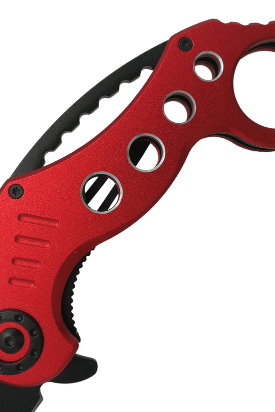 Falcon spring assisted EDC red karambit pocket knife with finger ring black accents textured grip