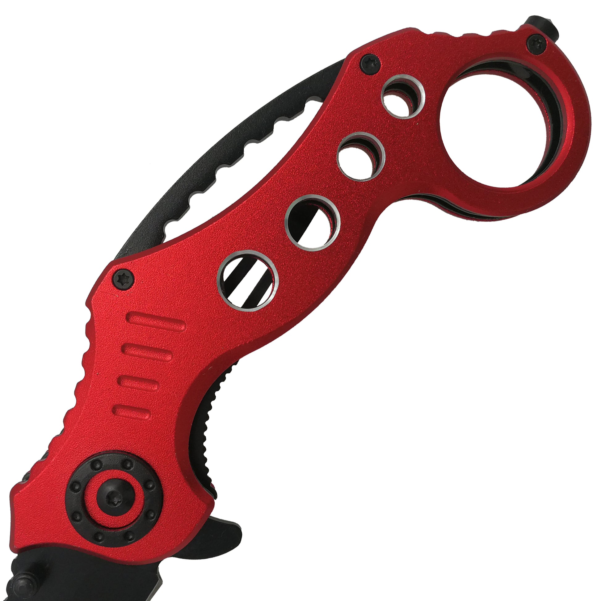Falcon spring assisted EDC red karambit pocket knife with finger ring black accents textured grip