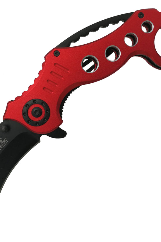 Falcon spring assisted EDC red karambit pocket knife with curved hawkbill blade and finger ring