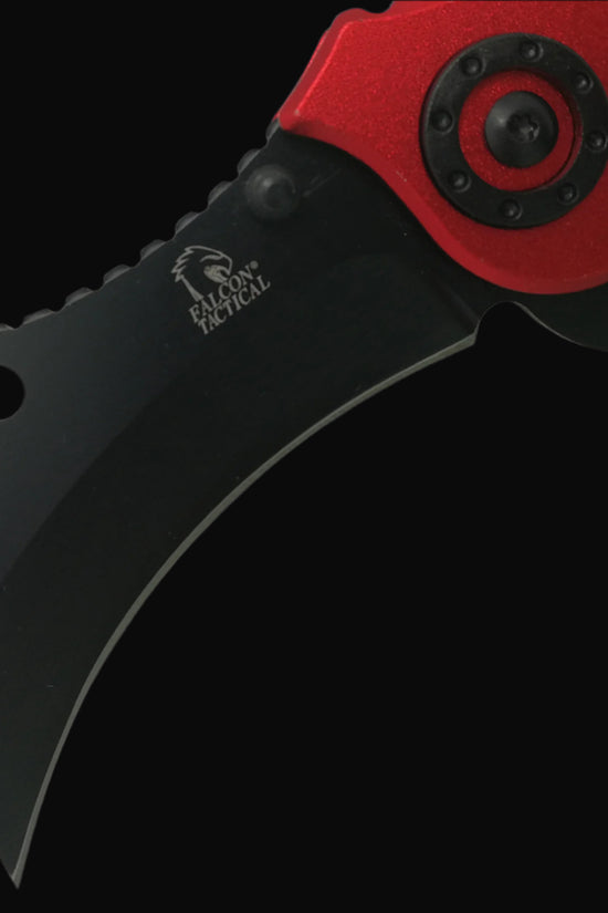 Falcon spring assisted EDC red karambit pocket knife with curved black blade and textured red handle