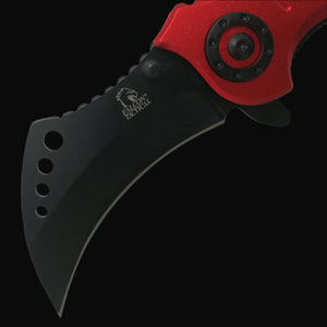 Falcon spring assisted EDC red karambit pocket knife with curved black blade and textured red handle
