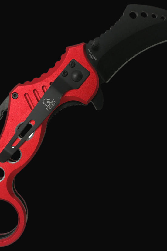Falcon spring assisted EDC red karambit pocket knife with black curved blade and red aluminum handle