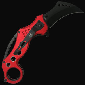 Falcon spring assisted EDC red karambit pocket knife with black curved blade and red aluminum handle
