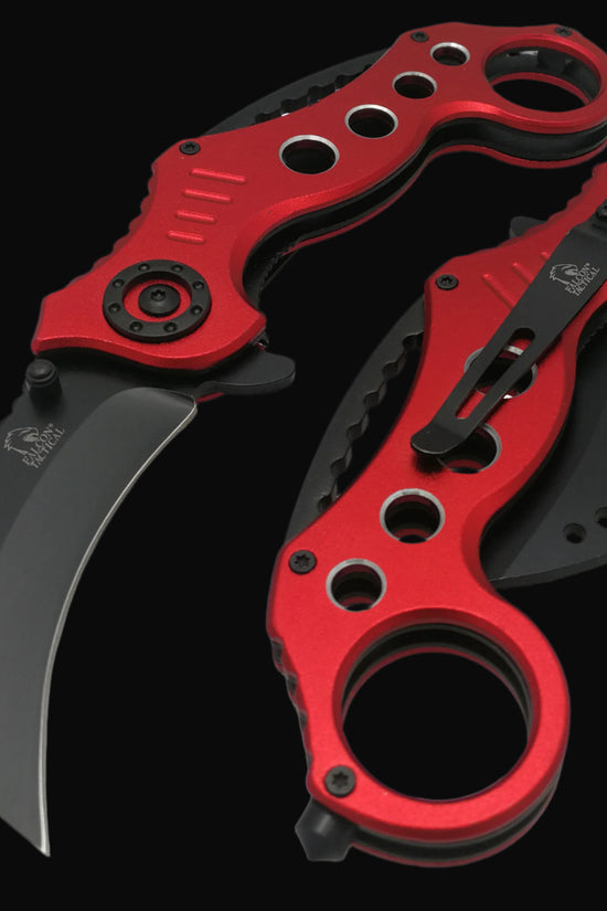 Falcon spring assisted EDC red karambit pocket knife with curved black blade finger ring and pocket clip