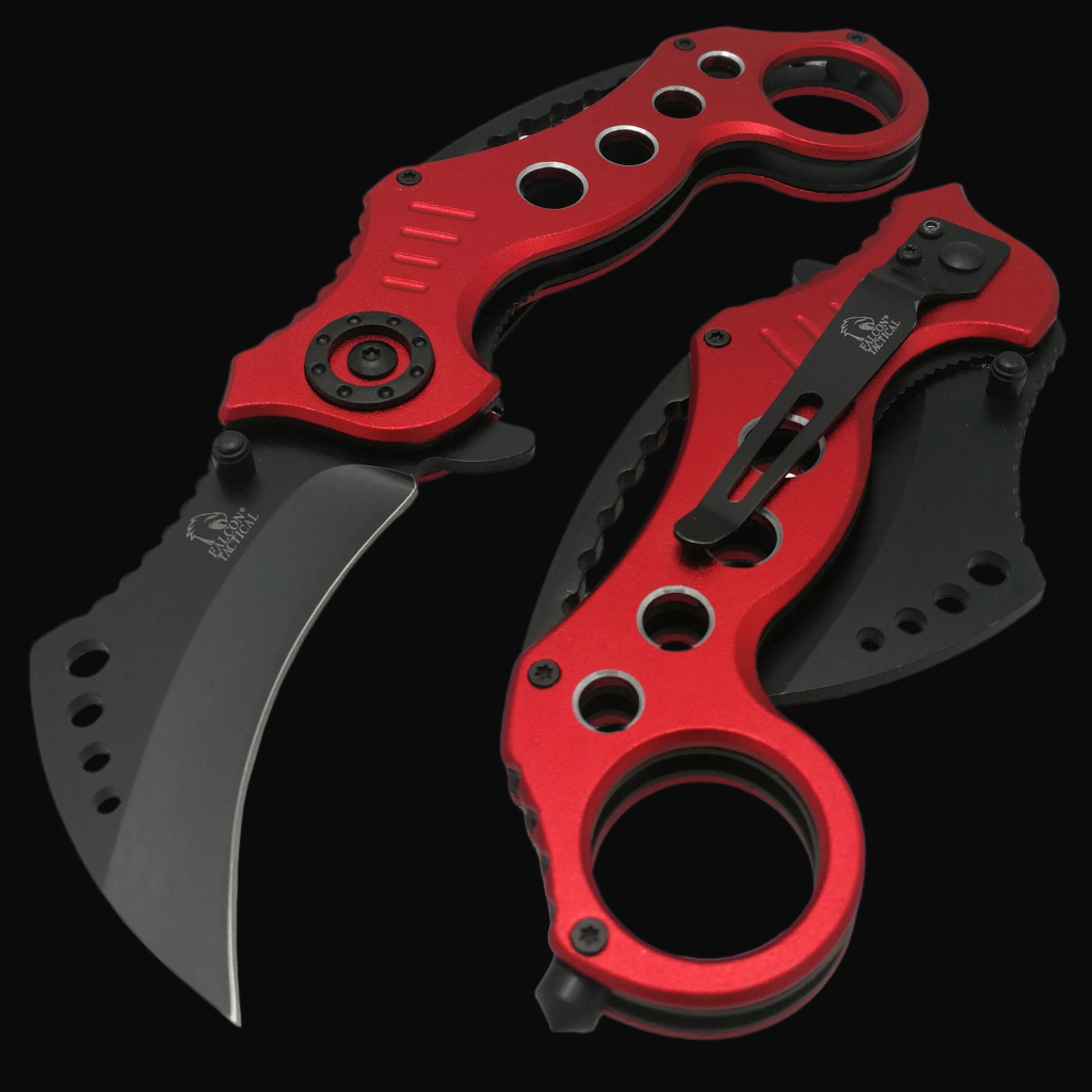 Falcon spring assisted EDC red karambit pocket knife with curved black blade finger ring and pocket clip