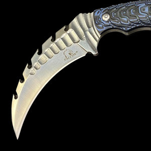 Falcon Tactical Knife Blue Damascus Pattern with a curved blade and ergonomic handle for effective use