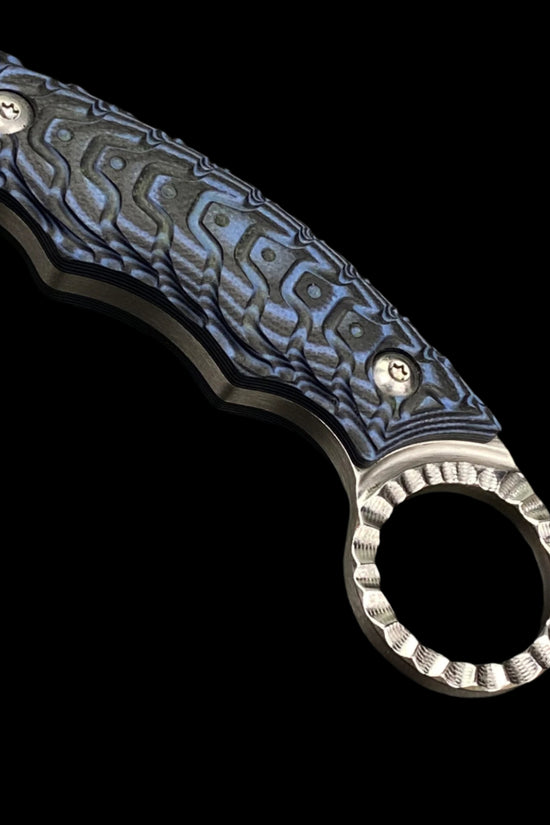 Falcon Tactical Knife Blue Damascus Pattern with ergonomic grip and curved blade design