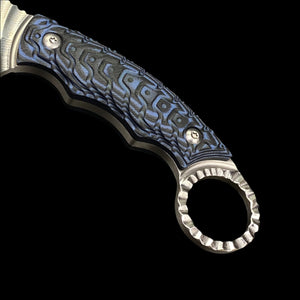 Falcon Tactical Knife Blue Damascus Pattern with ergonomic grip and curved blade design