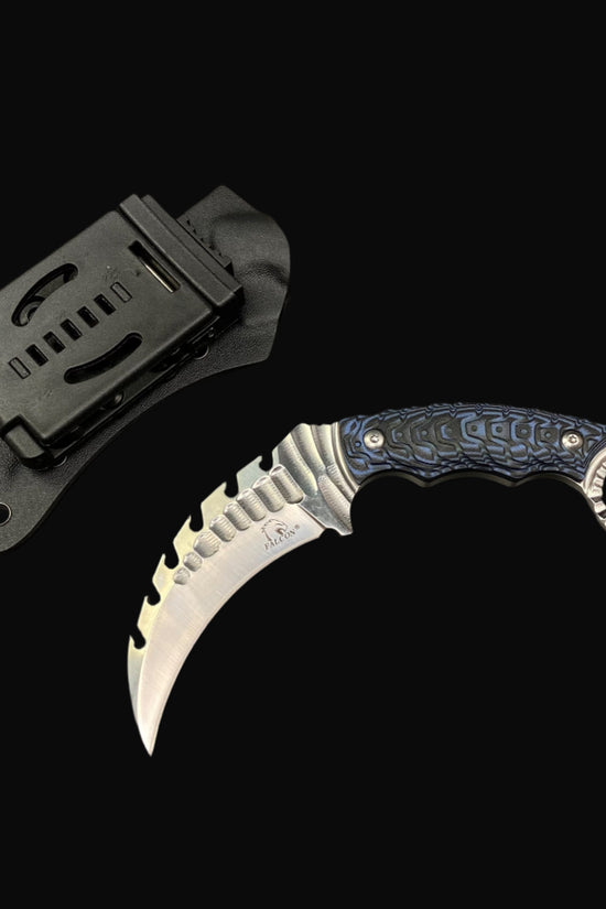 Falcon Tactical Knife Blue Damascus Pattern with a curved blade and secure sheath for easy carry