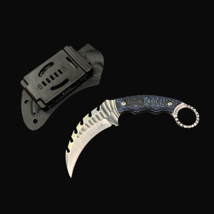 Falcon Tactical Knife Blue Damascus Pattern with a curved blade and secure sheath for easy carry