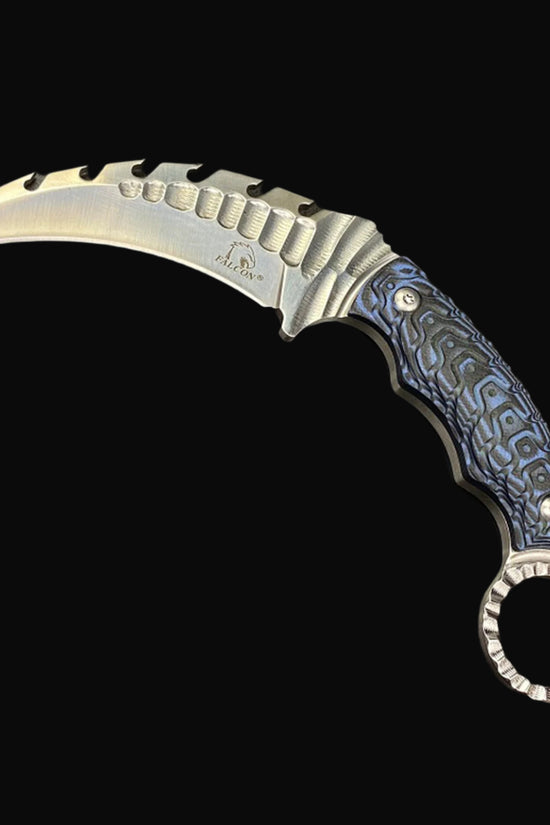 Falcon Tactical Knife Blue Damascus Pattern with a curved blade and ergonomic handle design