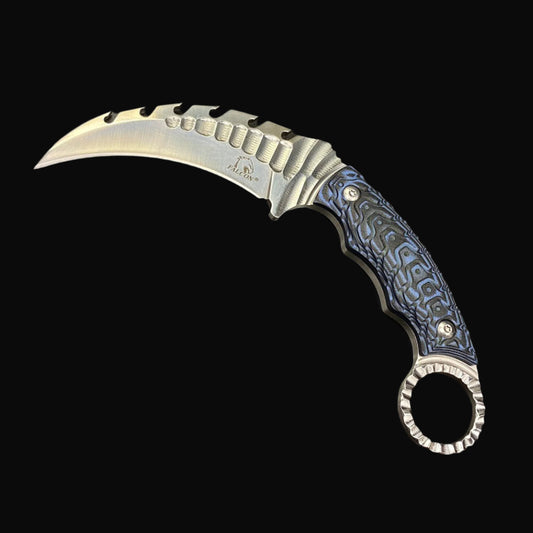 Falcon Tactical Knife Blue Damascus Pattern with a curved blade and ergonomic handle design