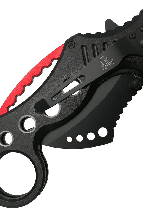 Falcon spring assisted karambit knife with black blade and red and black ergonomic handle