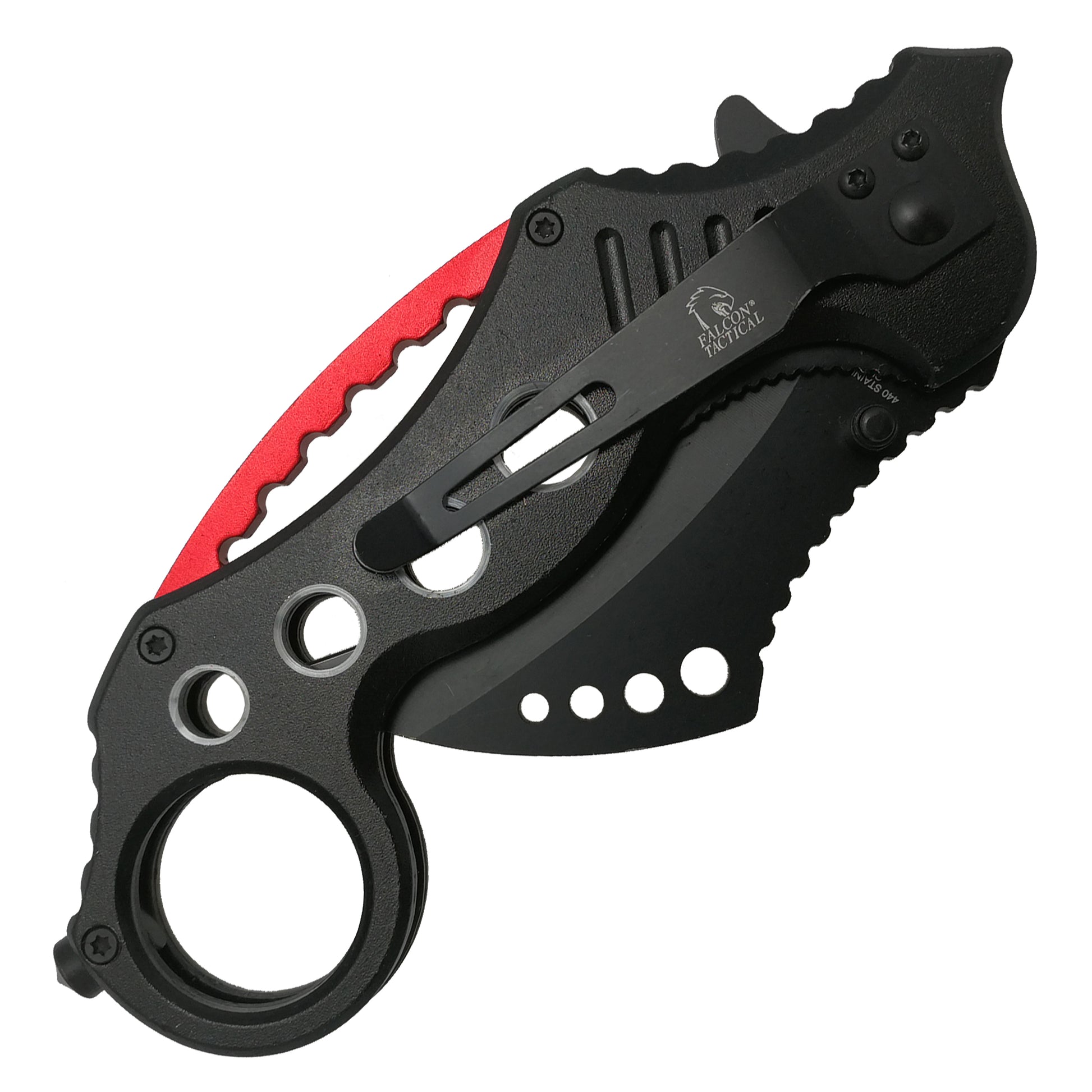 Falcon spring assisted karambit knife with black blade and red and black ergonomic handle