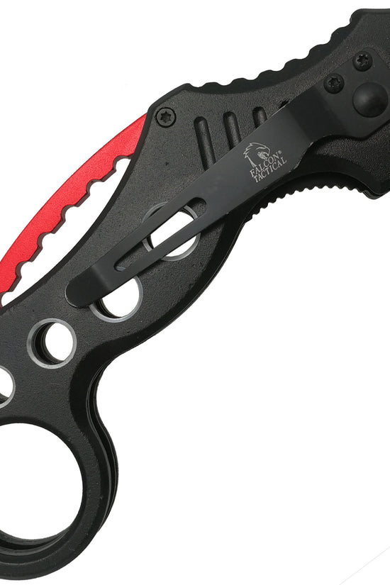 Falcon spring assisted karambit knife with black handle and red blade detail pocket knife