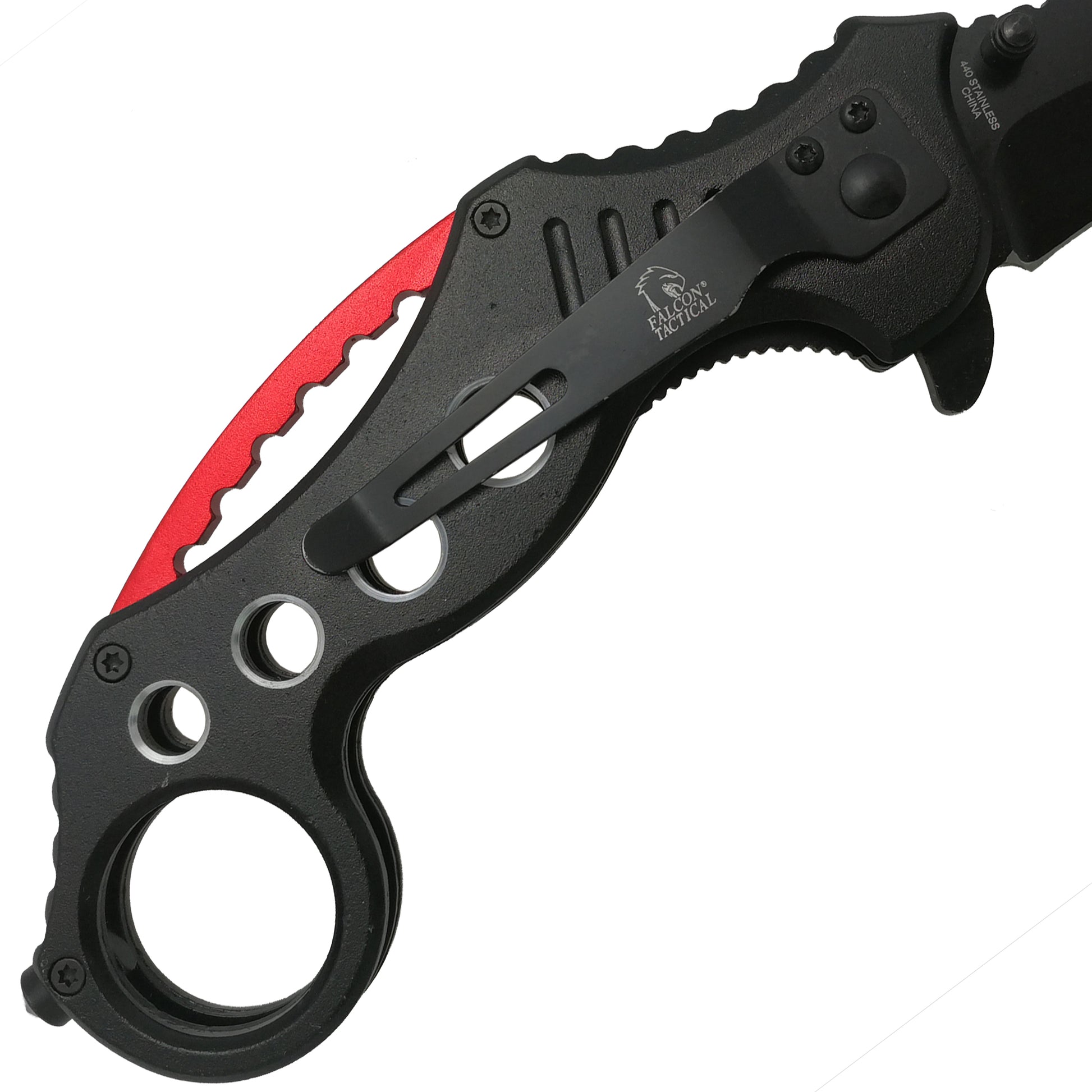 Falcon spring assisted karambit knife with black handle and red blade detail pocket knife