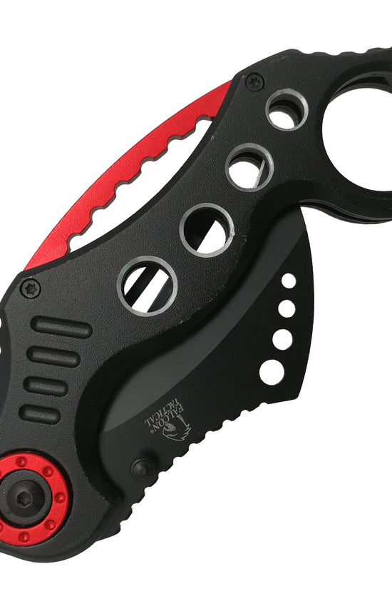 Falcon spring assisted karambit knife with black and red folding blade and ergonomic handle