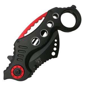 Falcon spring assisted karambit knife with black and red folding blade and ergonomic handle