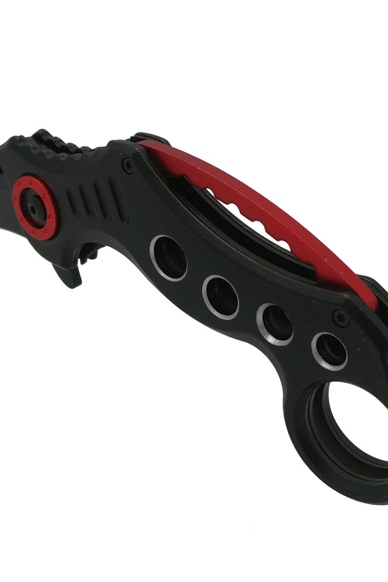 Falcon spring assisted karambit knife with black handle and red clip, curved blade pocket knife