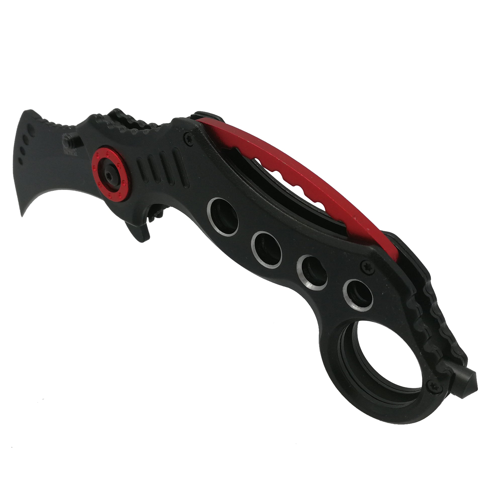 Falcon spring assisted karambit knife with black handle and red clip, curved blade pocket knife