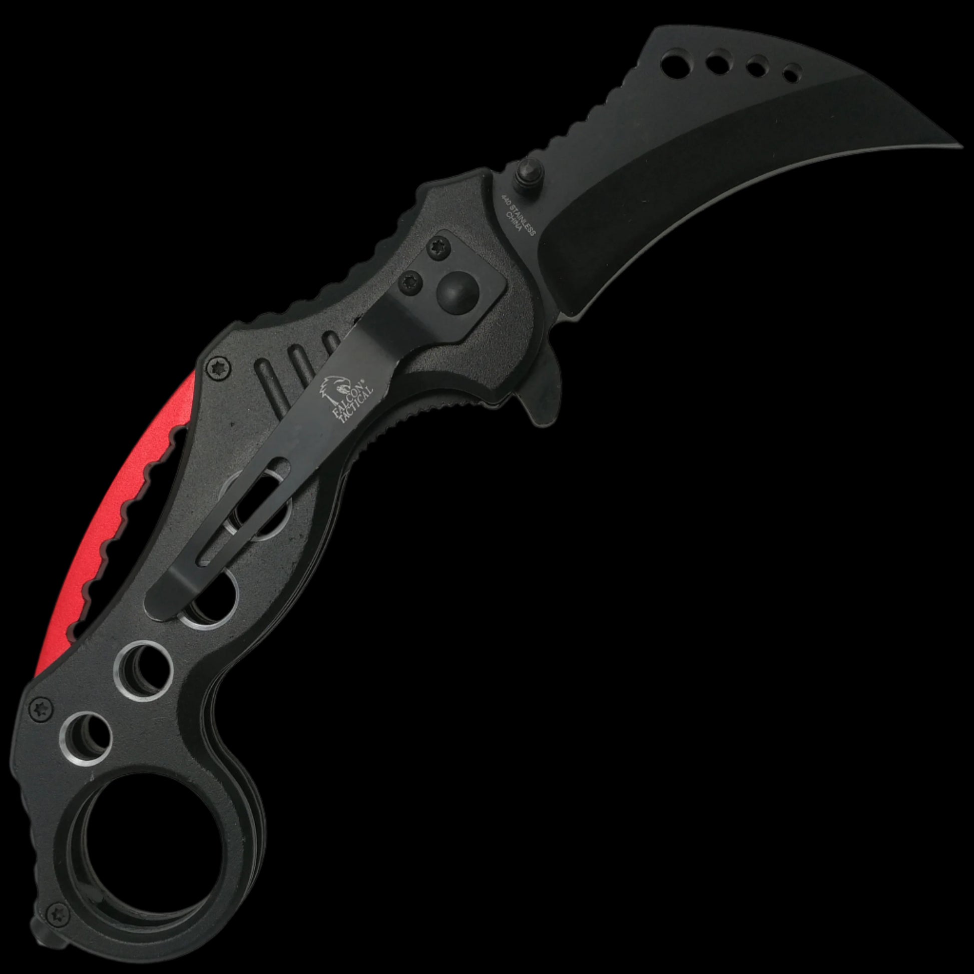 Falcon spring assisted karambit knife with black curved blade and ergonomic handle