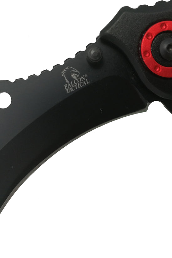 Falcon spring assisted karambit knife with black curved blade and red pivot detail