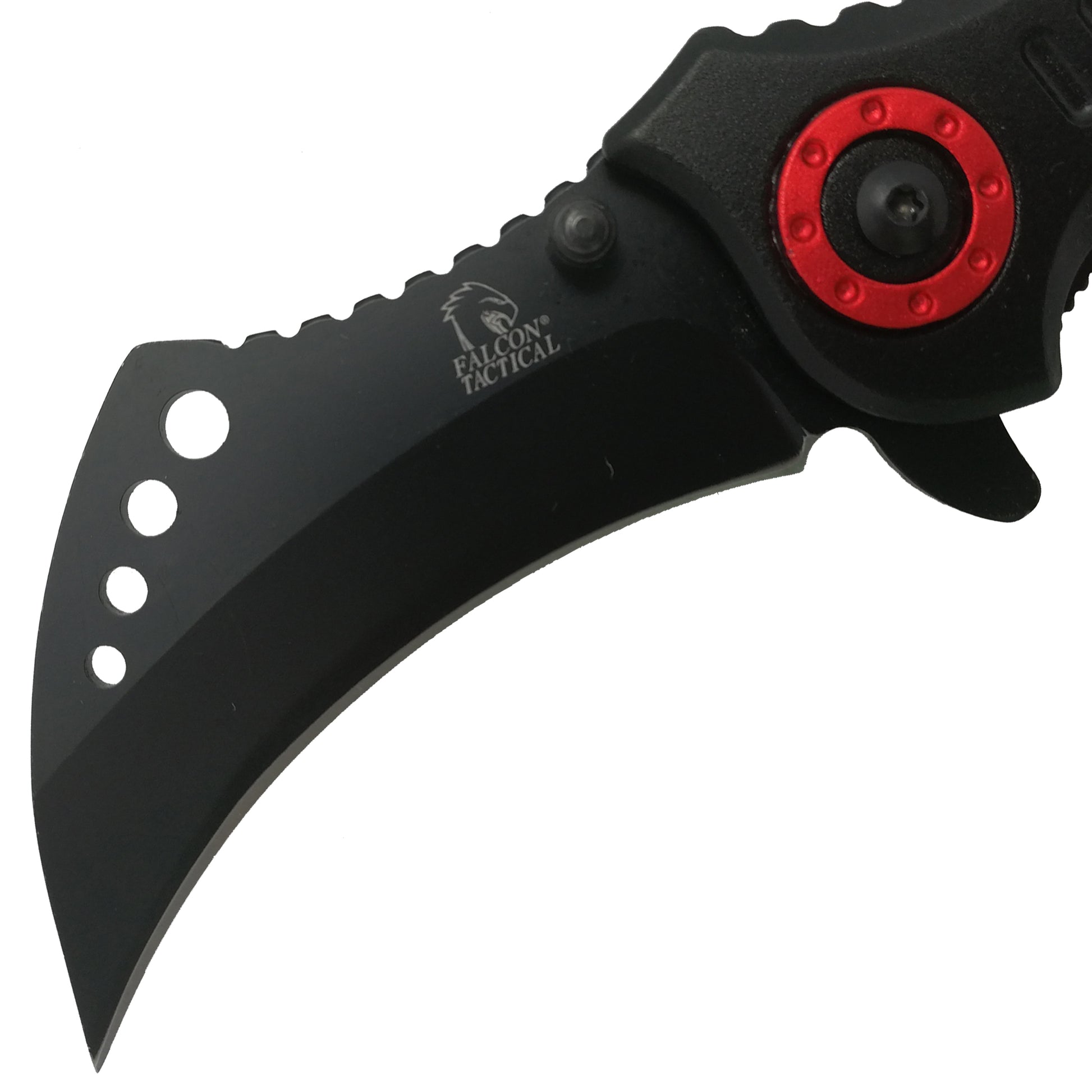 Falcon spring assisted karambit knife with black curved blade and red pivot detail